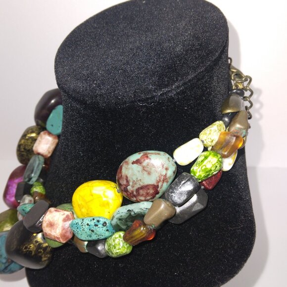 WOMEN'S NECKLACE THREE-STRAND STONE BOHEMIAN CHOKER - Picture 2 of 3